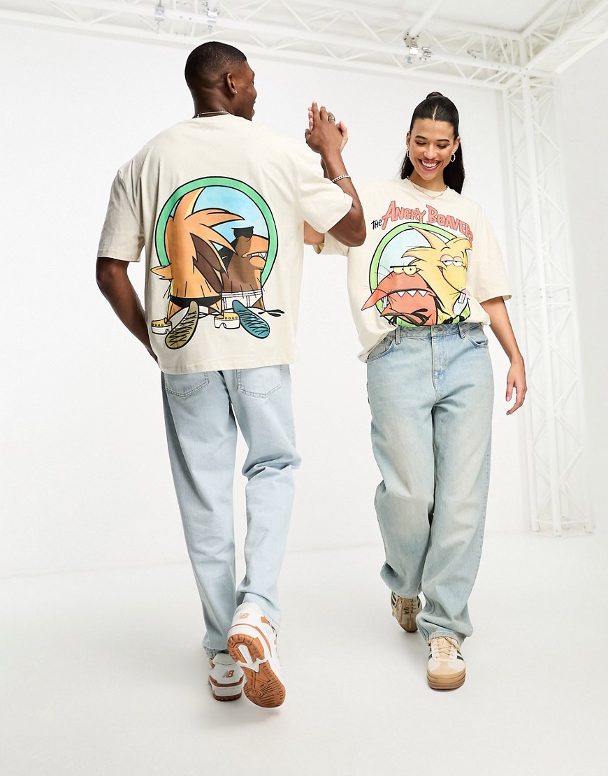 ASOS DESIGN unisex license oversized t-shirt with Angry Beavers graphic in beige-Neutral
