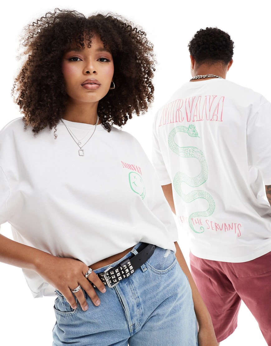 ASOS DESIGN unisex oversized license band tee in white with Nirvana graphic prints