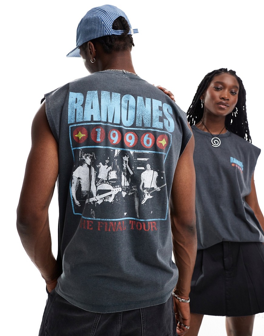 ASOS DESIGN unisex oversized vest in washed black with The Ramones graphic prints