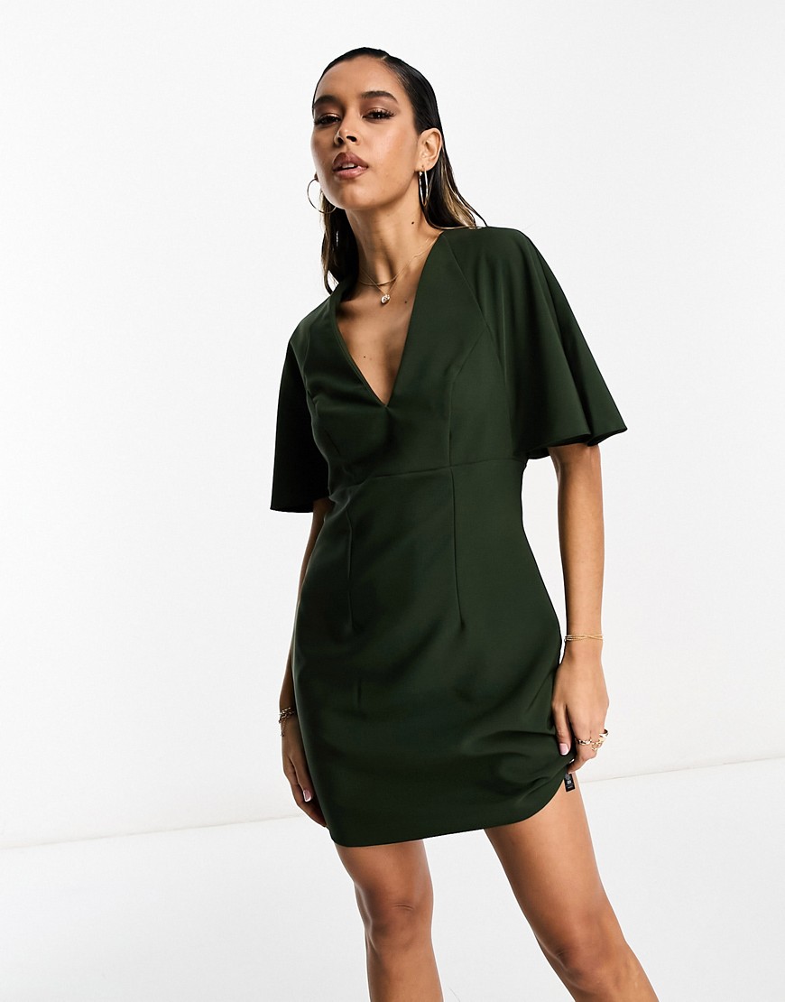 ASOS DESIGN v neck mini dress with fluted sleeve in khaki-Green