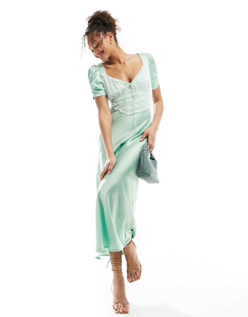 ASOS DESIGN v neck satin midi with lace bodice in sage green with contrast lace-Navy