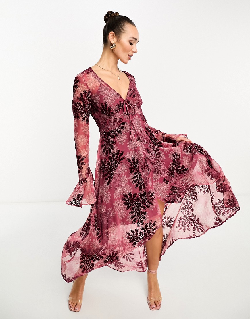 ASOS DESIGN velvet burnout hi low hem midi dress in pink paisley print-Multi