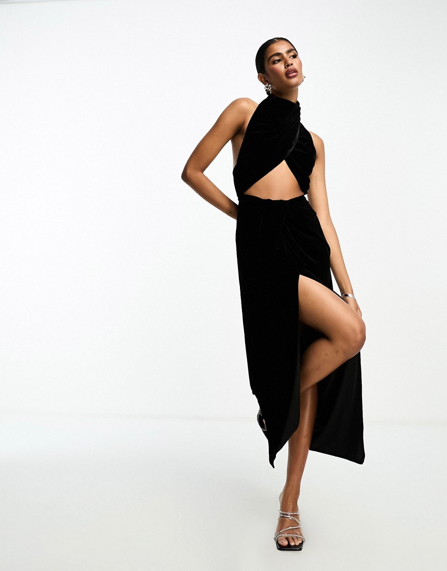 ASOS DESIGN velvet halter twist front cut out maxi dress in black