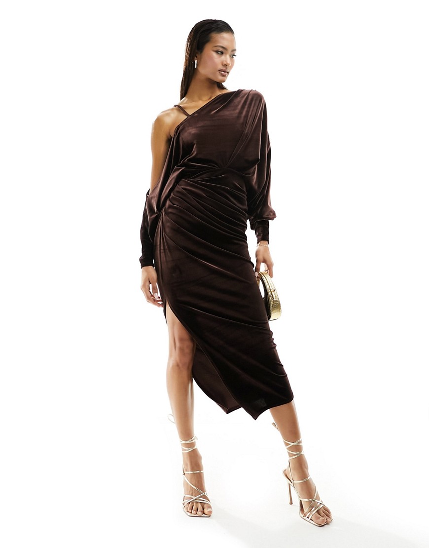 ASOS DESIGN velvet off shoulder grecian drape midi dress in chocolate-Brown