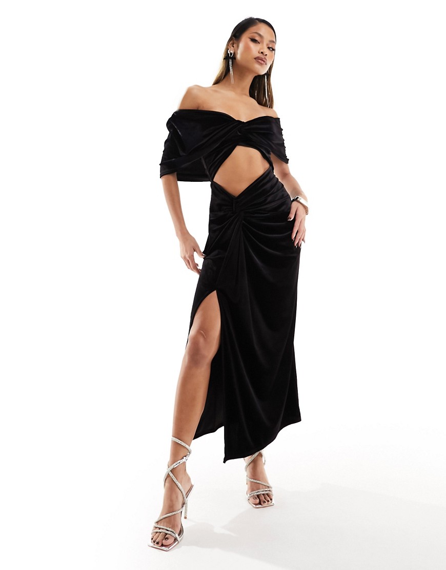 ASOS DESIGN velvet two in one fallen shoulder maxi dress in black