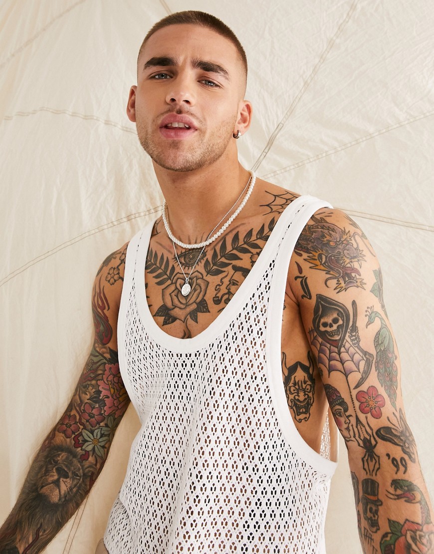 ASOS DESIGN vest in off white crochet with low front and back-Neutral