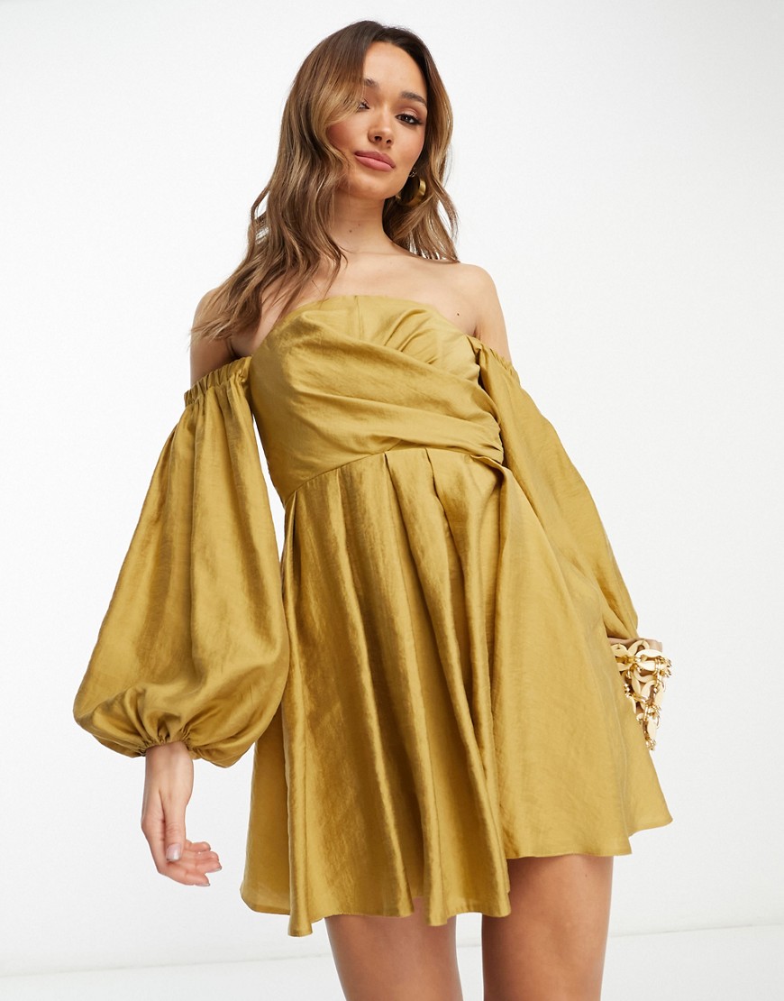 ASOS DESIGN washed off shoulder balloon slv mini dress with wrap corset detail in stone-Neutral