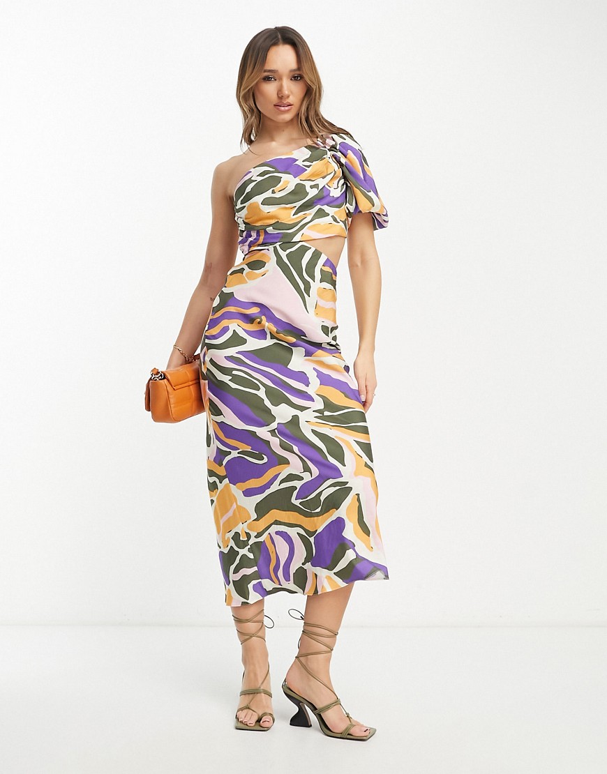ASOS DESIGN washed one shoulder maxi dress with cut out side waist detail in abstract print-Multi