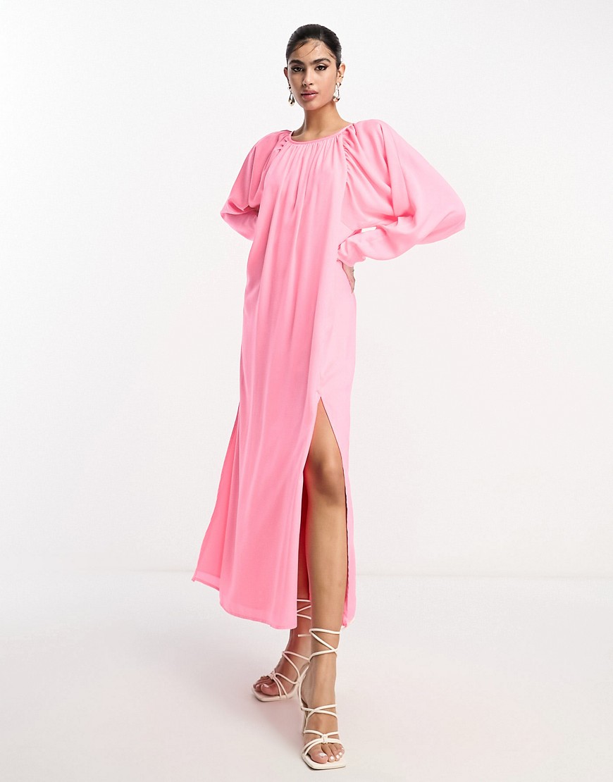 ASOS DESIGN washed satin volume sleeve midaxi dress in fluro pink
