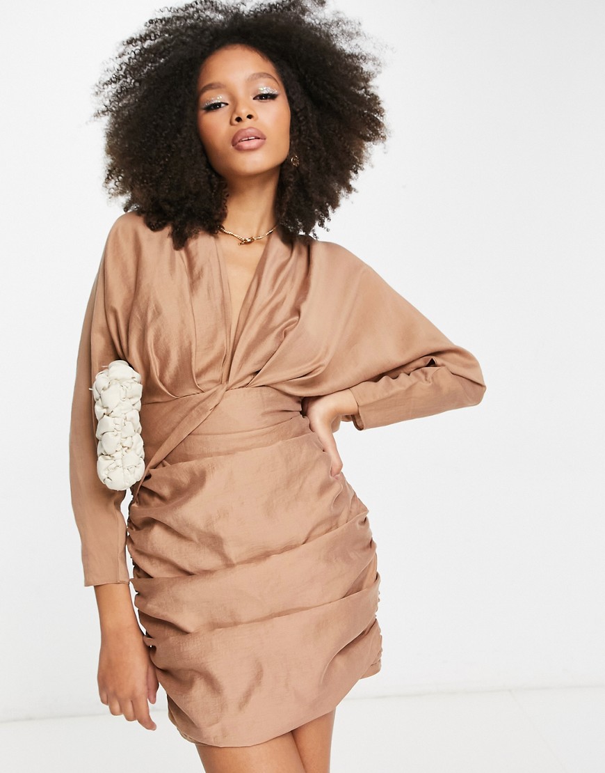 ASOS DESIGN washed twist front long sleeve mini dress with ruching in camel-Brown