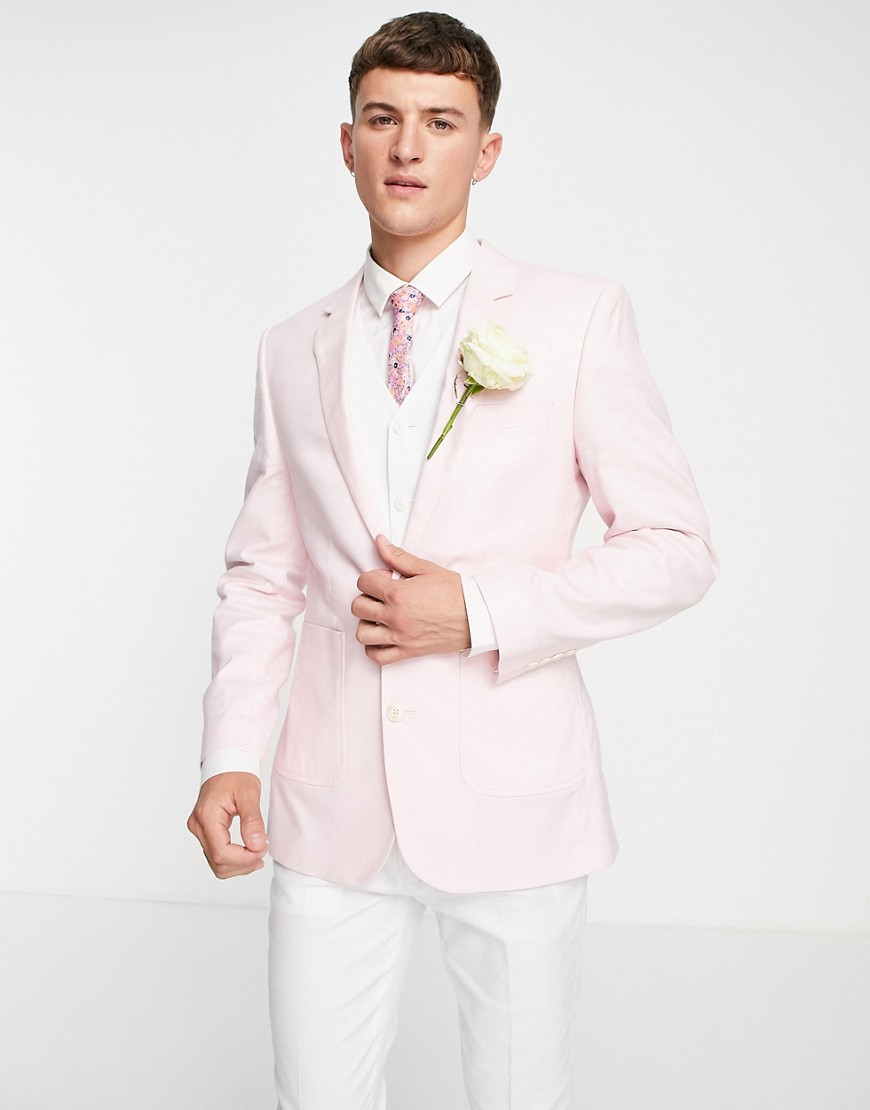 ASOS DESIGN wedding skinny linen mix blazer in pink