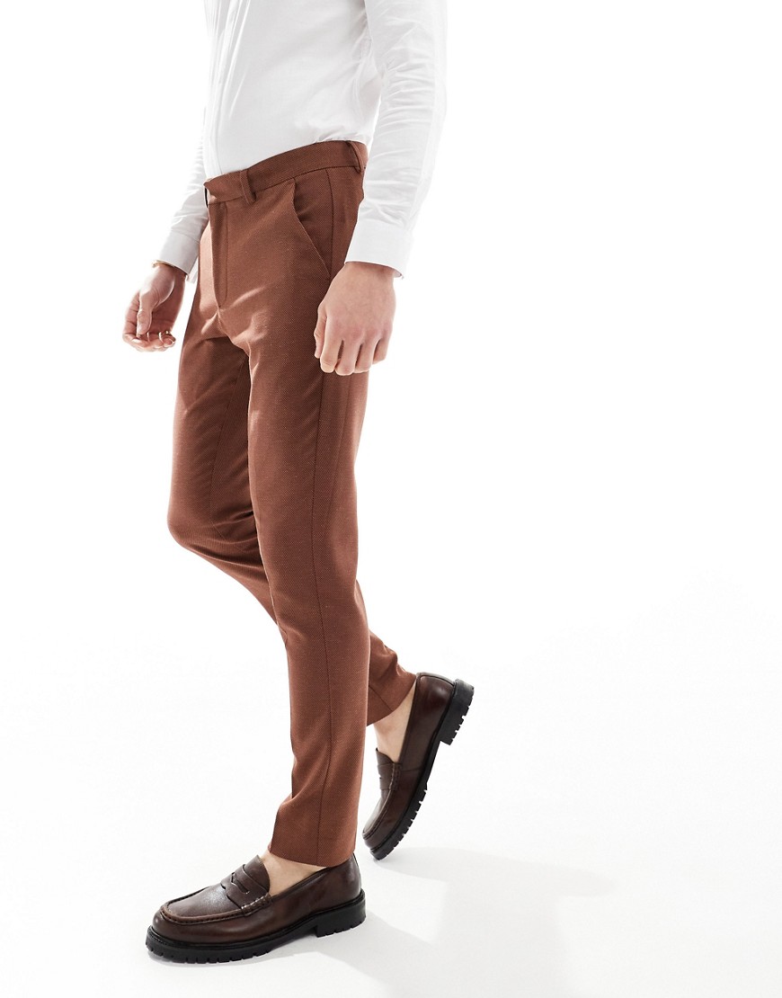 ASOS DESIGN wedding skinny suit trousers in linen mix in micro texture in brown