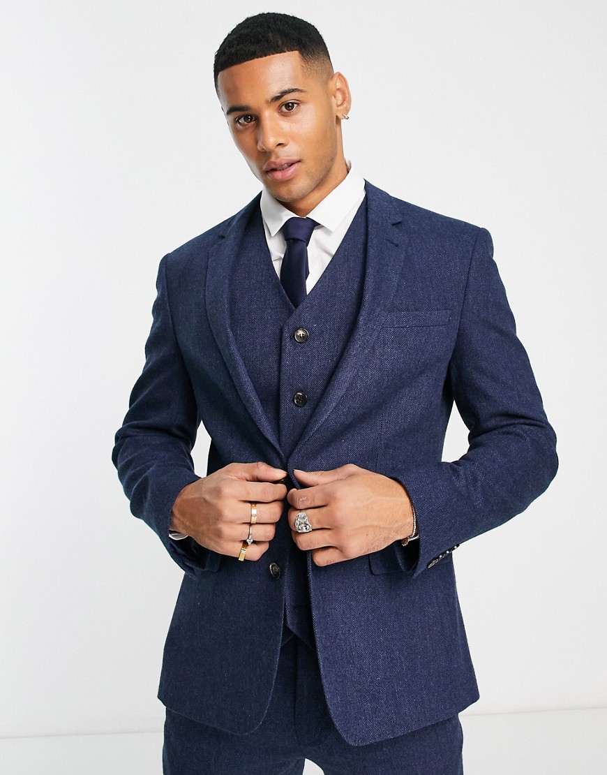 ASOS DESIGN wedding skinny wool mix suit jacket in indigo basketweave texture-Navy