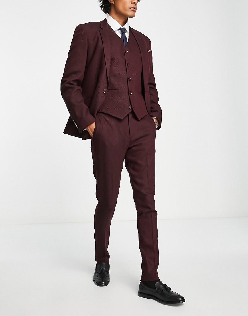 ASOS DESIGN wedding skinny wool mix suit trousers in burgundy herringbone-Red