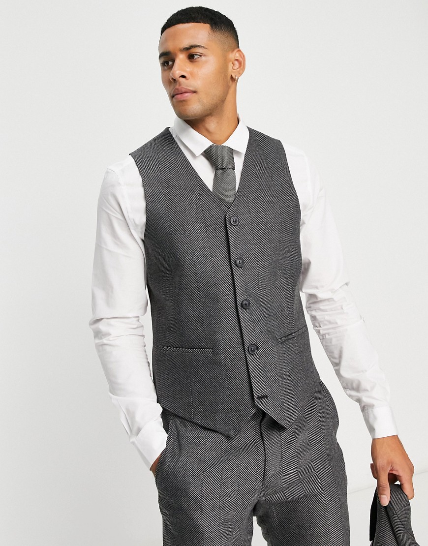 ASOS DESIGN wedding skinny wool mix suit waistcoat in charcoal herringbone-Grey