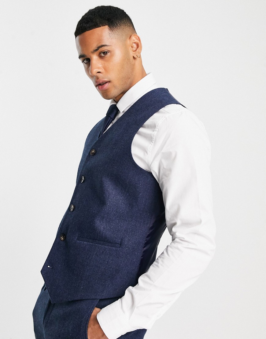 ASOS DESIGN wedding skinny wool mix suit waistcoat in indigo basketweave texture-Navy