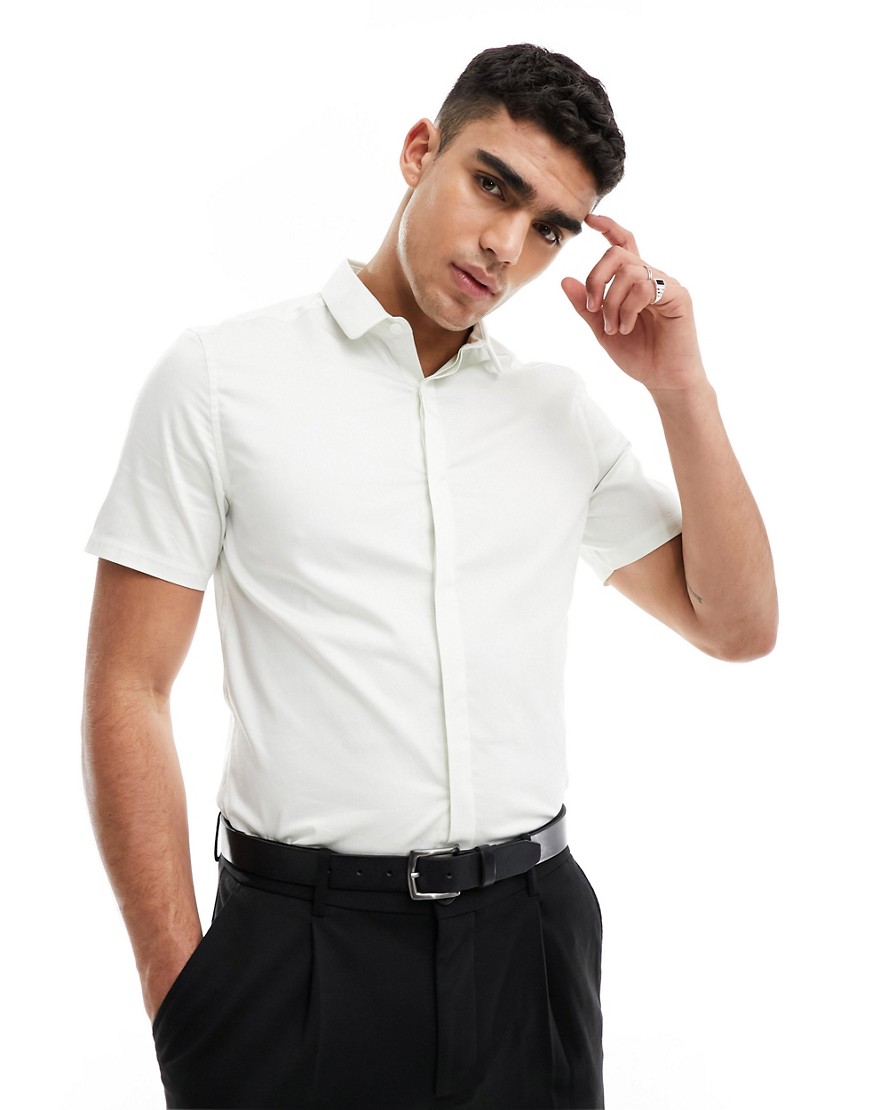 ASOS DESIGN Wedding slim sateen shirt with penny collar in ivory-White