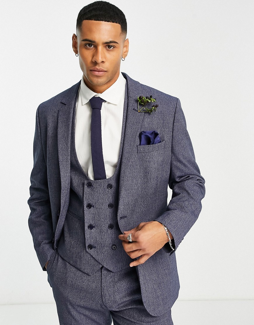 ASOS DESIGN wedding slim suit jacket in dark blue micro texture