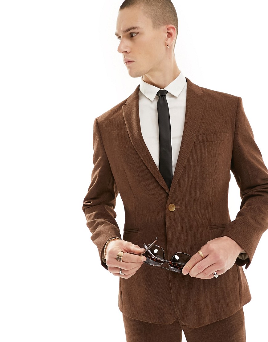 ASOS DESIGN wedding slim wool mix suit jacket in brown basketweave texture