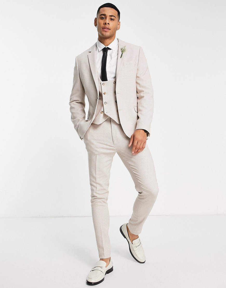 ASOS DESIGN wedding super skinny suit trousers in birdseye texture in stone-Neutral