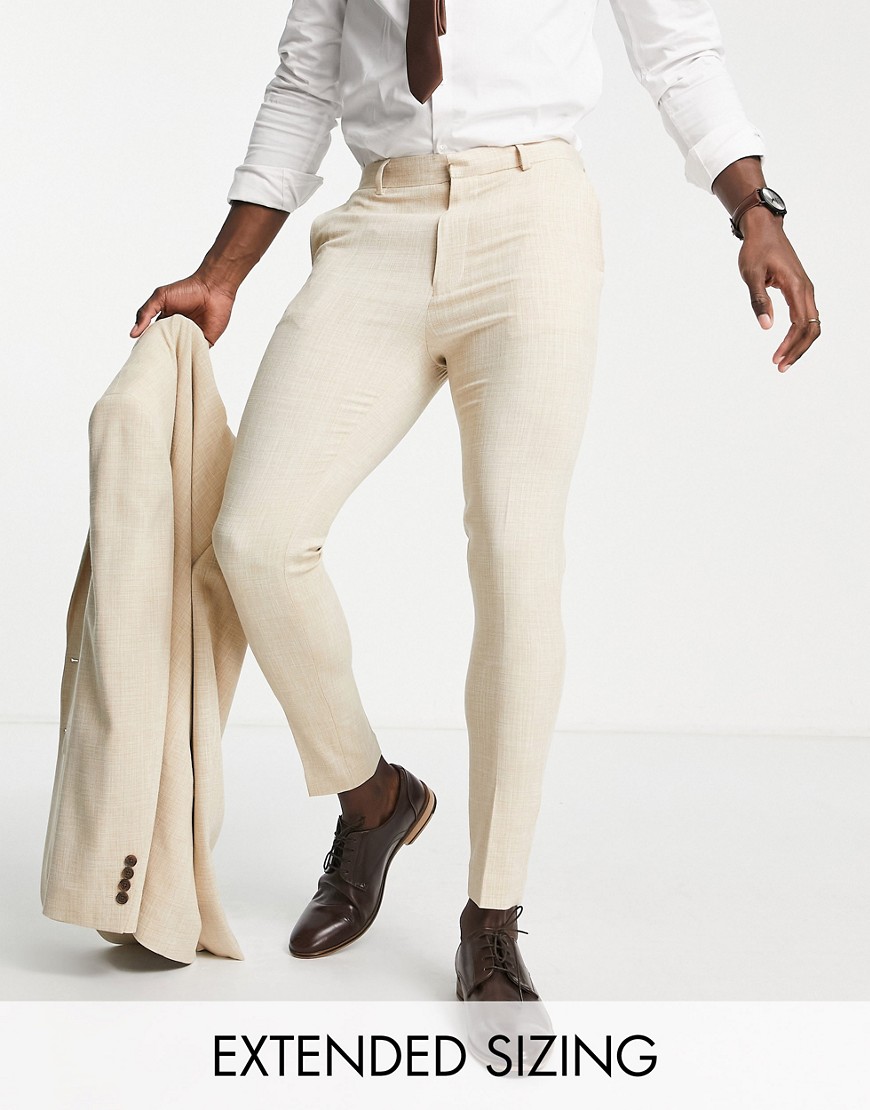 ASOS DESIGN wedding super skinny suit trousers in stone crosshatch-Neutral