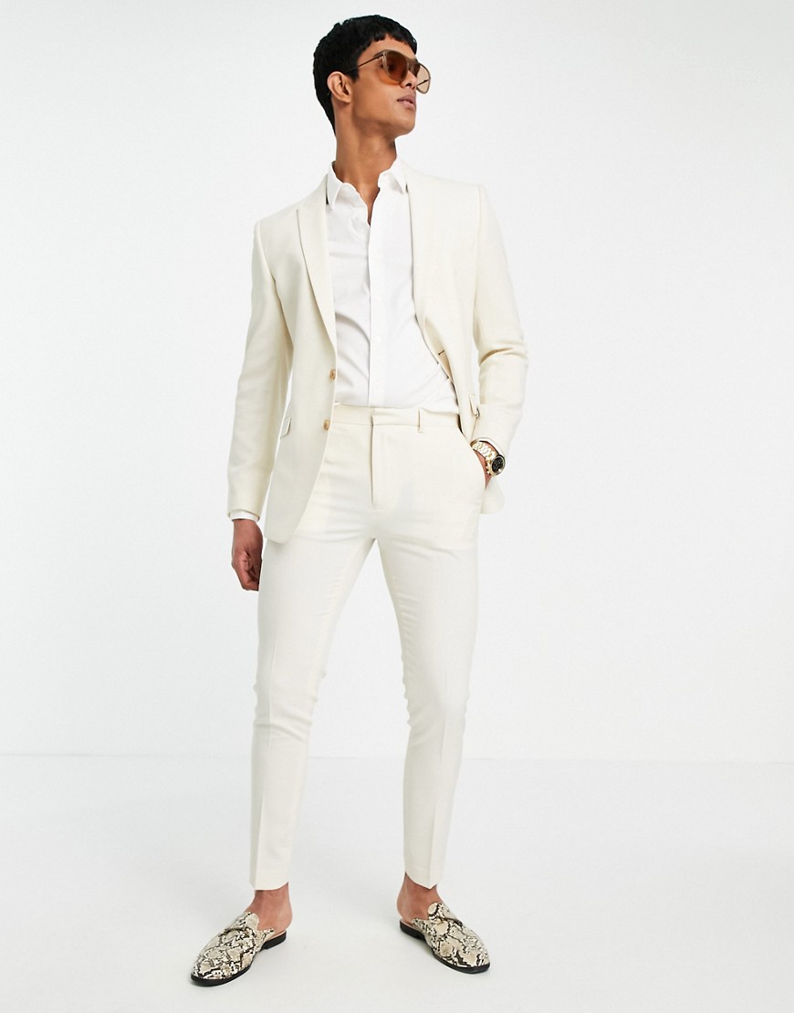 ASOS DESIGN wedding super skinny suit trousers in stone crosshatch-Neutral