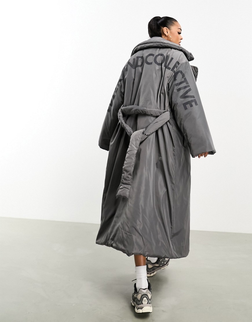 ASOS DESIGN Weekend Collective belted longline padded coat with back graphic in charcoal-Grey