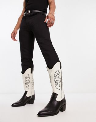 western heeled boots in contrast black and cream leather