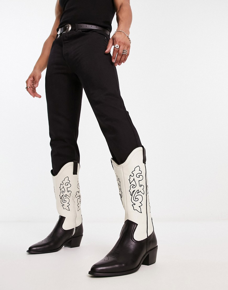 ASOS DESIGN western heeled boots in contrast black and cream leather