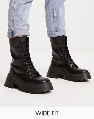 Wide Fit Albany chunky lace up boots in black