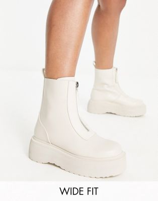 Wide Fit Amsterdam chunky zip front ankle boots in off white