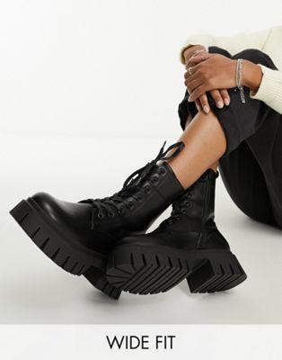 Wide Fit Anchor chunky lace up boots in black