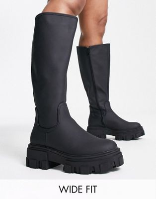 Wide Fit Carla chunky flat knee boots in black