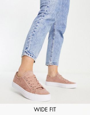 Wide Fit Dizzy lace up trainers in warm beige
