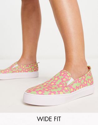 Wide Fit Dotty slip on plimsolls in floral print