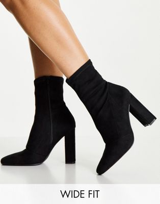 Wide Fit Effect block heel sock boots in black