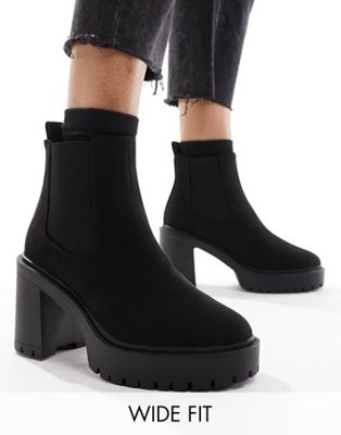 Wide Fit Elma heeled chunky chelsea boots in black