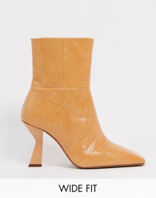 Wide Fit Elodie premium leather square toe heeled boots in natural