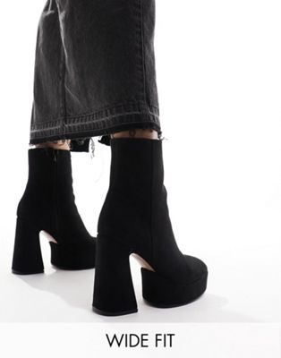 Wide Fit Enchant heeled platform boots in black micro
