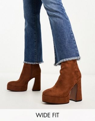 Wide Fit Enchant heeled platform boots in tan micro