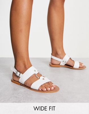 Wide Fit Fancy leather ring and stud detail flat sandal in off white