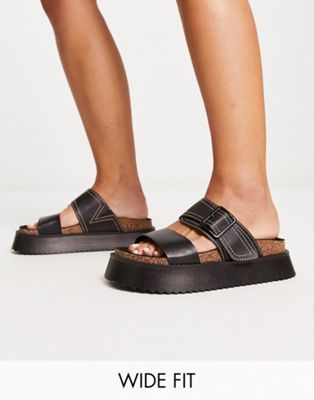 Wide Fit Fearless double strap flat sandals in black