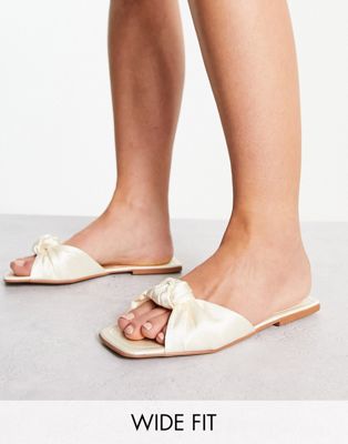 Wide Fit Firefly knot flat sandal in white satin
