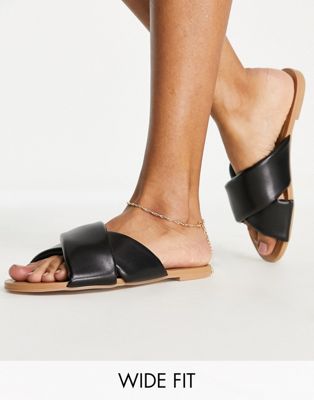 Wide Fit Flock padded flat sandals in black - BLACK