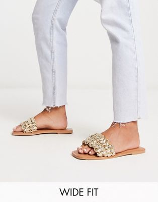Wide Fit Flora woven flat sandal in gold