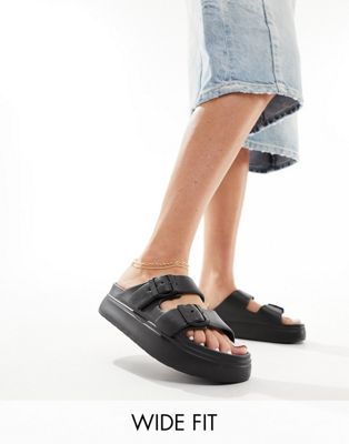 Wide Fit Freestyle flatform double buckle sandals in black