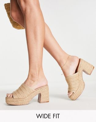 Wide Fit Harmony mid heeled platform mules in natural