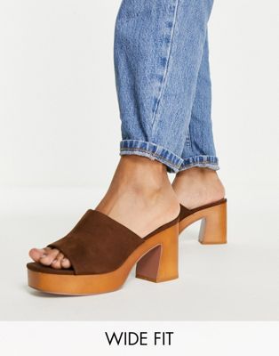 Wide Fit Harmony mid heeled platform mules in tan