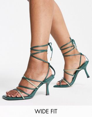 Wide Fit Hiccup strappy tie leg mid heeled sandals in green mix