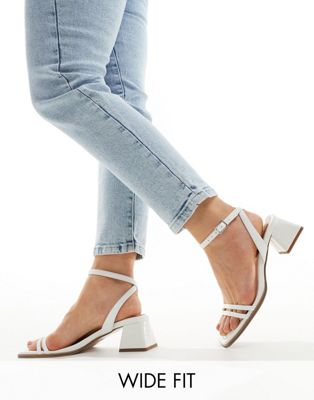 Wide Fit Honeydew mid block heeled sandals in white
